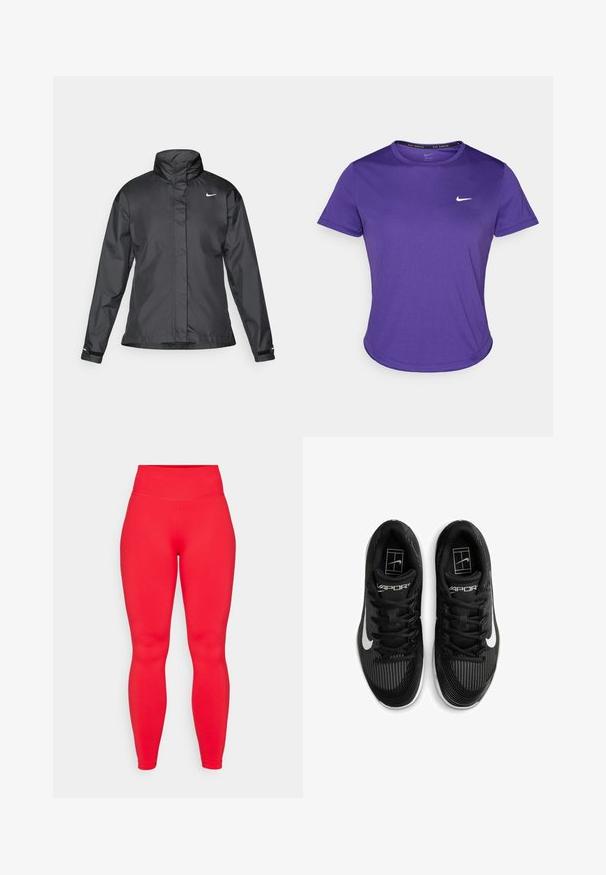 Schwarze Windjacke mit hochgeschlossenem Kragen, durchgehendem Reißverschluss und Nike-Logo auf der Brust; aus glattem, leichtem Material gefertigt.; Lila Sport-T-Shirt aus feuchtigkeitstransportierendem Material, mit kurzen Ärmeln und Rundhalsausschnitt. Kleines weißes Logo auf der Brust.; Rote hoch taillierte Leggings aus dehnbarem Material, mit einer glatten Textur und einem figurbetonten Design, das an den Knöcheln schmaler wird.; Schwarze Sportschuhe mit strukturierten Mesh-Obermaterialien, auffälligem weißen Nike-Swoosh und Schnürsenkeln. Sie weisen ein geripptes Design und abgerundete Sohlen auf.
