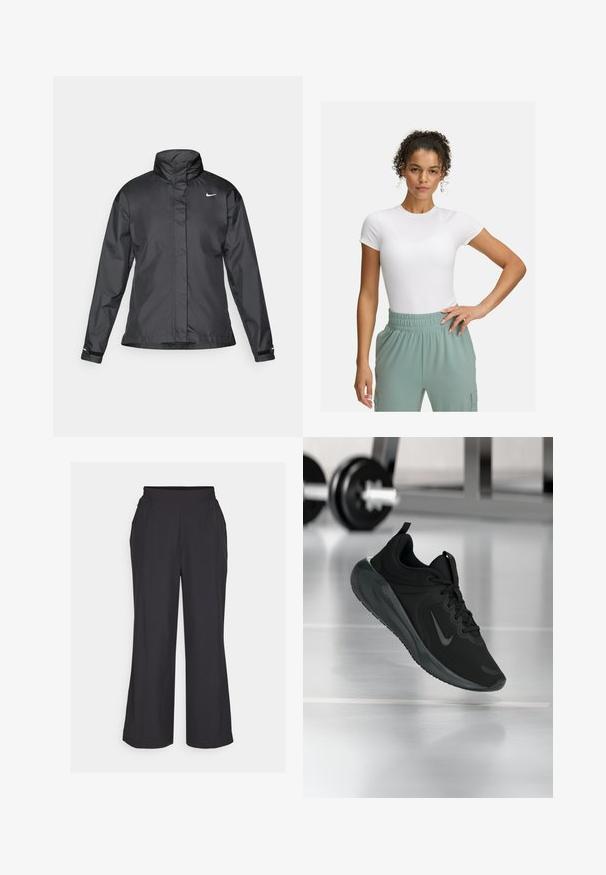 Čierna vetrovka s vysokým golierom, plným zipsom na prednej strane a logom Nike na hrudi; vyrobená z hladkej, ľahkej tkaniny.; Biely priliehavý tričko s krátkymi rukávmi, kombinované s nohavicami so svetlozeleným elastickým pásom. Hladká textúra, minimalistický dizajn a žiadne viditeľné vzory.; Čierne nohavice s širokými nohavicami a elastickým pásom, s dvoma bočnými vreckami a hladkou, ľahkou textúrou. Jednoduchý dizajn, bez viditeľných vzorov.; Čierne športové tenisky s logom Nike, zobrazené vo vzduchu na podlahe telocvične, s rozmazaným regálom činkami v pozadí.