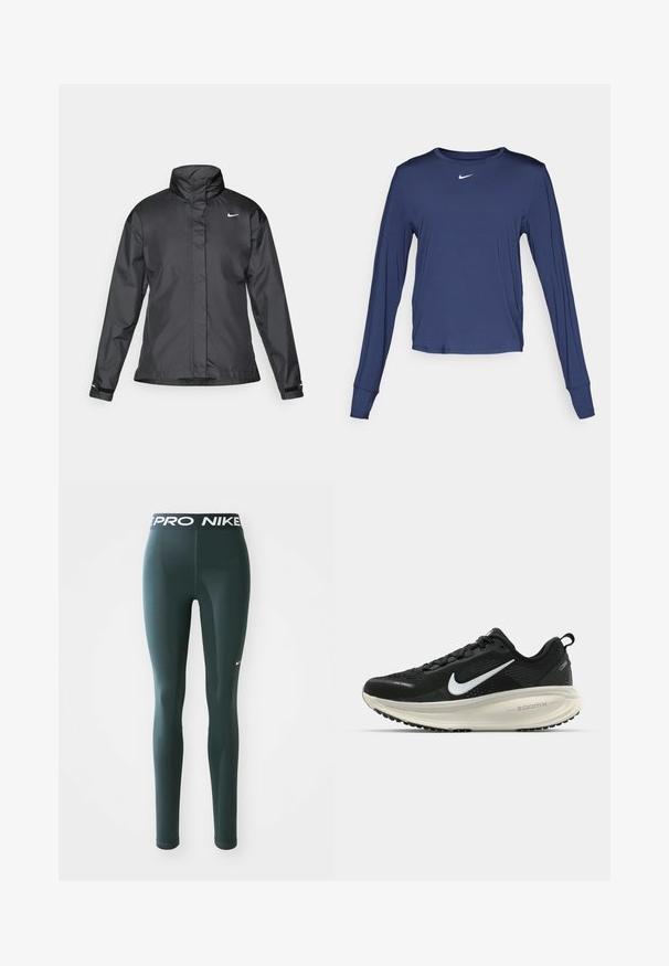 Črna vetrovka z višjim ovratnikom, popolnim zadrgo spredaj in logotipom Nike na prsih; izdelana iz gladkega, lahkega materiala.; Mornarski majica s dolgimi rokavi za šport, izdelana iz lahkega materiala, s krožnim izrezom in majhnim belim logotipom na prsih.; Temnozeleni legice iz raztegljivega materiala, z širokim pasom, ki ima logo "PRO NIKE" in majhnim belim Nike swooshom na strani.; Črne Nike tekaške čevlje z zračno mrežno zgornjim delom, belim logotipom Swoosh, teksturiranimi detajli in smetanasto barvnim srednjim delom ZoomX.