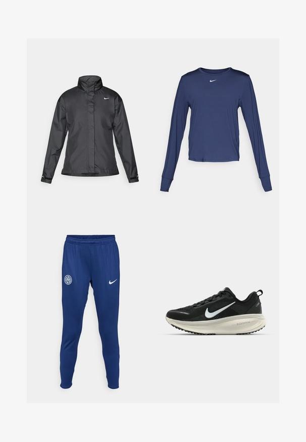 Zwarte windjack met een hoge kraag, volledige rits aan de voorkant en het Nike-logo op de borst; gemaakt van gladde, lichte stof.; Marineblauw sporthemd met lange mouwen, gemaakt van lichte stof, met een ronde halslijn en een klein wit logo op de borst.; Marineblauwe sportbroeken van gladde stof. Voorzien van een wit Nike-logo en een rond teamembleem op de linker dij. Elastische tailleband.; Zwarte Nike hardloopschoen met ademend mesh bovenwerk, witte swoosh-logo, gestructureerde details en een crèmekleurige ZoomX middenzool.