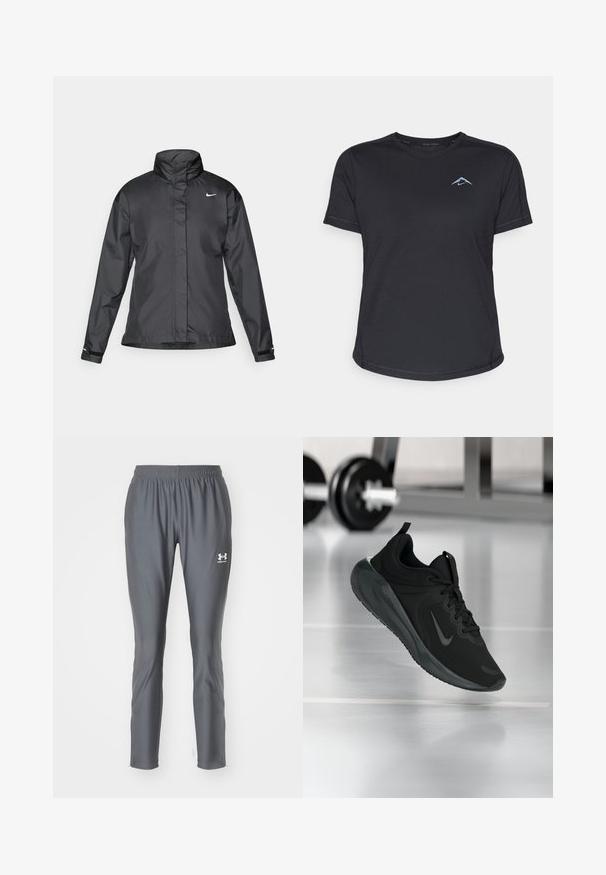 Melnā vēja izturīgā jaka ar augstu apkakli, pilnu rāvējslēdzēju priekšpusē un Nike logo uz krūšu; izgatavota no gludas, vieglas auduma.; Melns sporta krekls ar īsām piedurknēm un apaļu kakla izgriezumu, gluda auduma, ar atstarojošu zilu logo kreisajā krūtī. Šuvju apdare gar šuvēm.; Pelēki sporta bikses, kas izgatavotas no gludas, vieglas auduma ar elastīgu jostu un sašaurinātām kājām, ar mazu baltu logotipu.; Melnas sporta kedas ar Nike logo, rādot gaisā uz sporta zāles grīdas, ar izplūdušu hantelēm fona.