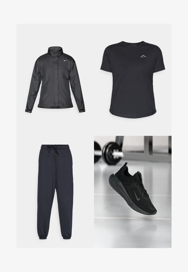 Black windbreaker jacket featuring a high collar, full zip front, and Nike logo on the chest; made of smooth, lightweight fabric.; Black short-sleeve athletic shirt with crew neckline, smooth fabric, and reflective blue logo on the left chest. Stitched detailing along seams.; Dark gray jogger pants with an elastic waistband, drawstring, and elastic cuffs at the ankles. Soft fabric with a minimalistic design.; Black sports sneaker with Nike logo, shown mid-air on gym floor, with blurred dumbbell rack in background.
