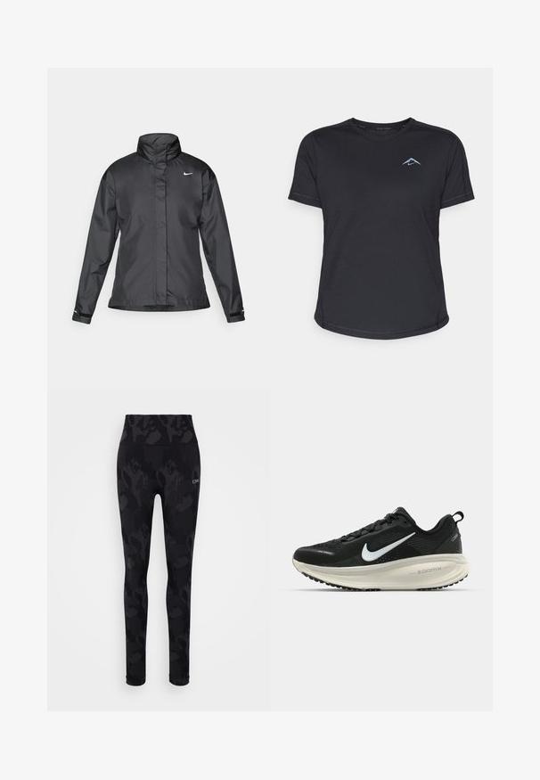 Μαύρο αδιάβροχο μπουφάν με ψηλό γιακά, πλήρη φερμουάρ μπροστά και λογότυπο Nike στο στήθος; κατασκευασμένο από λείο, ελαφρύ ύφασμα.; Μαύρο αθλητικό μπλουζάκι κοντά μανίκια με στρογγυλή λαιμόκοψη, λείο ύφασμα και ανακλαστικό μπλε λογότυπο στο αριστερό στήθος. Ραμμένα διακριτικά κατά μήκος των ραφών.; Μαύρα κολάν με μια διακριτική τονική λεοπάρ πατίνα, ψηλή μέση και λεία υφή. Διαθέτει το λογότυπο "ICIW" μπροστά.; Μαύρο αθλητικό παπούτσι Nike με αναπνεύσιμο μανίκι από ύφασμα, λευκό λογότυπο swoosh, ανάγλυφη λεπτομέρεια και μεσαία σόλα ZoomX σε κρέμα απόχρωση.