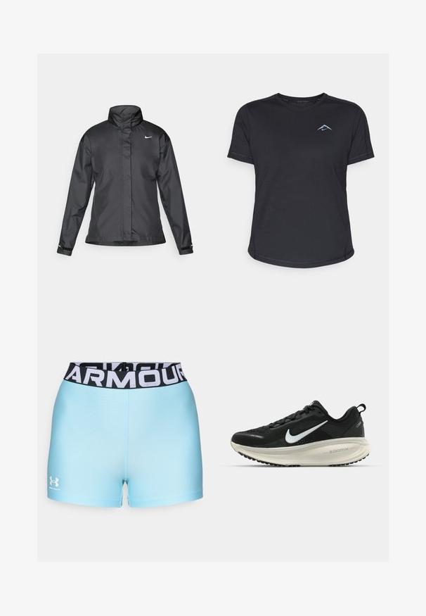 Črna vetrovka z višjim ovratnikom, popolnim zadrgo spredaj in logotipom Nike na prsih; izdelana iz gladkega, lahkega materiala.; Črna majica s kratkimi rokavi športnega stila s krojnim izrezom, gladek material in odsevni modri logotip na levi strani prsnega dela. Šivana obdelava ob šivih.; Svetlo modri atletski kratki hlače z črnim pasom, na katerem je bel napis "ARMOUR". Material izgleda gladko in ima prilegan dizajn. Prikazan je logotip Under Armour.; Črne Nike tekaške čevlje z zračno mrežno zgornjim delom, belim logotipom Swoosh, teksturiranimi detajli in smetanasto barvnim srednjim delom ZoomX.