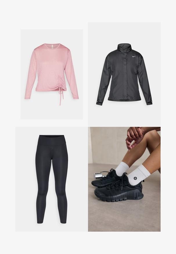 Giacca a vento nera con colletto alto, chiusura full zip e logo Nike sul petto; realizzata in tessuto leggero e liscio.; Maglietta a maniche lunghe rosa realizzata in tessuto morbido, con dettaglio arricciato in vita e lacci regolabili, e scollatura rotonda.; Leggings neri realizzati in un tessuto liscio e elasticizzato. Vita alta senza motivi o dettagli visibili. Vestono aderenti dalla vita alle caviglie.; Scarpe da ginnastica nere con tessuto texturizzato, design con lacci e suola prominente, abbinate a calze bianche a coste con un piccolo logo.