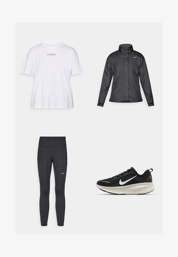 Sort vindjakke med høj krave, fuld lynlås foran og Nike-logo på brystet; lavet af glat, let vævning.; Hvid bomulds t-shirt med korte ærmer, der har en rund hals og trykt tekst i sort, der siger "ONLY PLAY ATHLEISURE" på forsiden.; Sorte leggings lavet af strækbart stof, med en høj talje og et hvidt Nike-logo på venstre lår. Glat tekstur, tætsiddende design.; Sort Nike løbesko med åndbart mesh-overdel, hvidt swoosh-logo, tekstureret detaljering og en cremede ZoomX mellemsål.