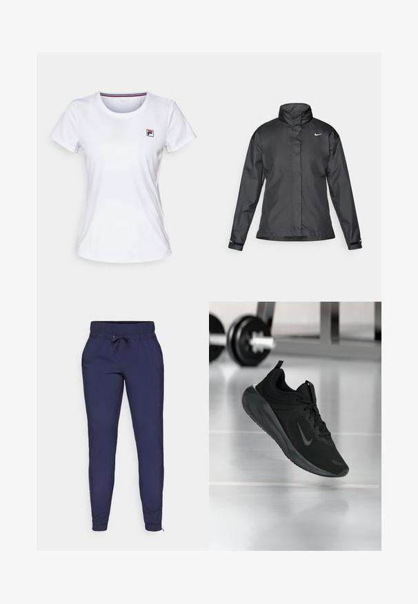 Svart vindjacka med hög krage, hel dragkedja fram och Nike-logga på bröstet; tillverkad av ett mjukt, lätt tyg.; Vit kortärmad T-shirt gjord av lättviktsmaterial. Har en rund hals och en liten färgad logotyp på vänster bröst. Enkelt design.; Mörkblå joggerbyxor med elastisk midja och justerbar dragsko, med avsmalnande ben och ribbade anklar. Slät tygtextur.; Svarta sportskor med Nike-logotyp, visade mitt i luften på gymgolvet, med en suddig hantelställning i bakgrunden.