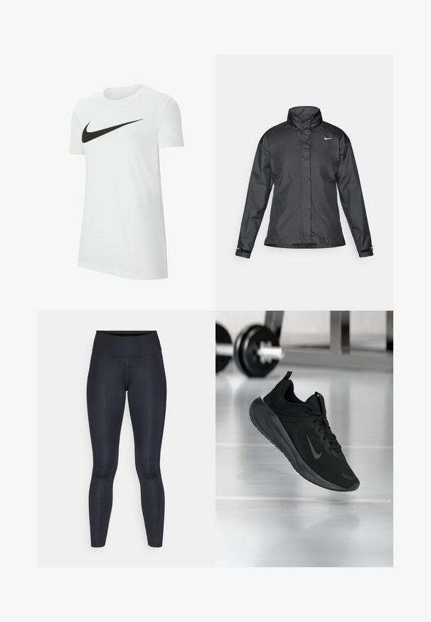 Schwarze Windjacke mit hochgeschlossenem Kragen, durchgehendem Reißverschluss und Nike-Logo auf der Brust; aus glattem, leichtem Material gefertigt.; Weißes Baumwoll-T-Shirt mit einem großen schwarzen Nike-Swoosh-Logo auf der Vorderseite, kurzen Ärmeln und Rundhalsausschnitt.; Schwarze Leggings aus glattem, dehnbarem Stoff. Hoher Bund ohne sichtbare Muster oder Akzente. Enganliegend von der Taille bis zu den Knöcheln.; Schwarzer Sportsneaker mit Nike-Logo, mid-air über dem Boden des Fitnessstudios, mit unscharfem Hantelregal im Hintergrund.