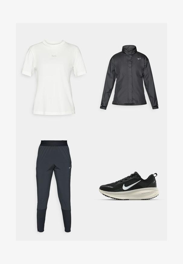 Svart vindjacka med hög krage, hel dragkedja fram och Nike-logga på bröstet; tillverkad av ett mjukt, lätt tyg.; Vit kortärmad t-shirt i mjuk bomull, med rund halsringning och en diskret broderad "Rapha"-logga på bröstet.; Nike träningbyxor i mörkgrått, med en tapered ben-design, elastisk midja och accentdetaljer nära muddarna.; Svart Nike löparsko med andningsbart mesh-ovandel, vit swoosh-logotyp, texturerad detaljering och en krämfärgad ZoomX-mellansula.