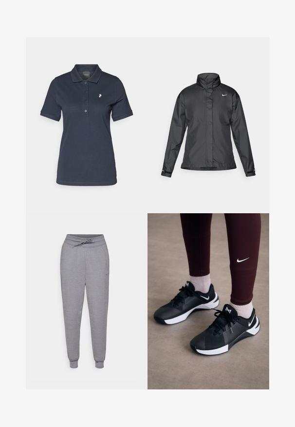 Casaco corta-vento preto com colarinho alto, fecho éclair frontal e logótipo da Nike no peito; feito de um tecido suave e leve.; Polo de cor azul-marinho feito de algodão, com colarinho clássico, pala com três botões e um pequeno logo branco no lado esquerdo do peito.; Calças de moletom cinzentas, ajustadas na parte inferior, com cintura elástica por cordão, punhos elásticos e um discreto logo da Nike na coxa esquerda. Tecido macio e texturizado.; Ténis atléticos pretos com um upper texturizado e detalhes brancos, apresentando atacadores e um logo lateral. Usados com leggings cor-de-vinho e meias claras.