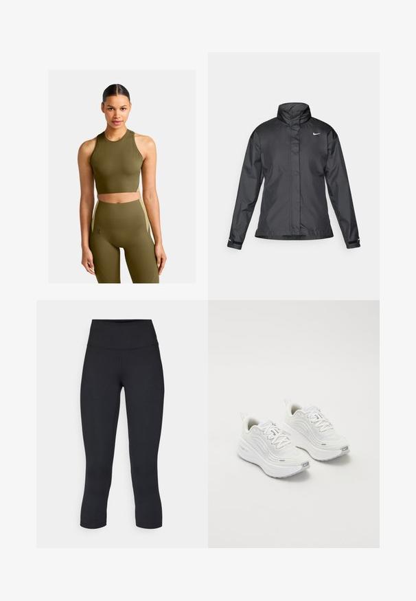 Juoda vėjui atspari striukė su aukštu apykakle, visišku užtrauktuku priekyje ir Nike logotipu krūtinėje; pagaminta iš lygaus, lengvo audinio.; On MOVEMENT CROP - Viršus - hunter; Juodos apkarpytos legginsai, pagaminti iš tamprios medžiagos, su aukšta juosmens linija ir glotnia tekstūra, be matomų raštų ar detalių.; Baltieji sportiniai batai su tekstūruota tinklelio viršutine dalimi, paminkštintu padu ir subtiliais pilkais akcentais. Yra prekės ženklas ir kilpa kulne, skirta lengvam užsidėjimui.