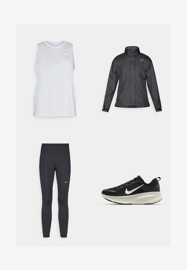 Chaqueta cortavientos negra con cuello alto, cierre frontal de cremallera completa y logo de Nike en el pecho; fabricada con un tejido suave y ligero.; Top atlético sin mangas de color gris claro con cuello redondo, textura suave y un pequeño logo blanco en el área del pecho izquierdo. Ajuste suave y relajado.; Leggings negras de tela elástica, con una cintura alta y un logo blanco de Nike en el muslo izquierdo. Textura suave, diseño ajustado.; Zapatilla de running Nike negra con parte superior de malla transpirable, logo Swoosh blanco, detalles texturizados y una entresuela ZoomX de color crema.