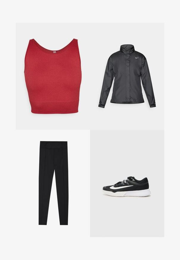 Fekete szélálló dzseki magas gallérral, teljes cipzárral elöl és Nike logóval a mellkason; sima, könnyű anyagból készült.; ONLY Play ONPJAIA LIFE SEAM SHORT - Felső - sun-dried tomato; Fekete leggings sima textúrával, magas derékkal és oldalfelületeken varrási részletekkel. Karcsú szabású, különféle tevékenységekhez megfelelő.; Fekete sportcipő fehér kiegészítőkkel, texturált felsőrésszel, kerek orral, lapos fűzőkkel és vastag fehér gumitalppal.