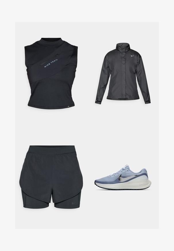 Fekete szélálló dzseki magas gallérral, teljes cipzárral elöl és Nike logóval a mellkason; sima, könnyű anyagból készült.; Nike Performance TRAIL STORAGE TANK - Felső - black/anthracite; Fekete sportnadrág réteges kialakítással, sima külső résszel és illeszkedő belső nadrággal. Könnyű, rugalmas anyagból készült.; Világoskék és fehér Nike futócipő ezüst swoosh logóval, légáteresztő hálós felsővel, párnázott talppal és fekete talpkiképzéssel.