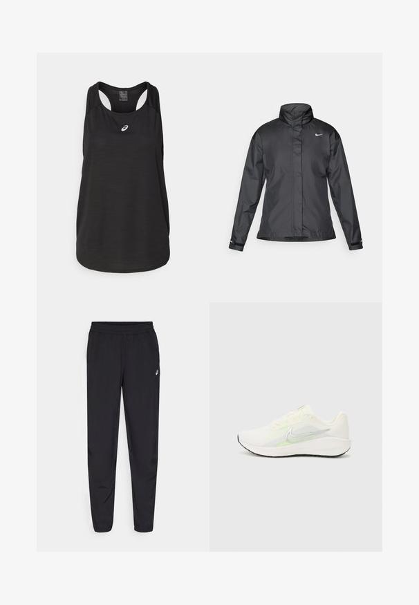 Zwarte windjack met een hoge kraag, volledige rits aan de voorkant en het Nike-logo op de borst; gemaakt van gladde, lichte stof.; Zwarte sportieve tanktop van lichtgewicht stof. Heeft een ronde halslijn, racerback ontwerp en een klein wit logo op de voorkant.; Zwarte sportbroek met een elastische tailleband, taps toelopende pijpen met boorden, gemaakt van een lichtgewicht, soepele stof, en een klein logo op de dij.; Nike Performance DOWNSHIFTER 13 - Hardloopschoenen voor op de weg - sail/silver-coloured photon dust/summit white/barely volt/black