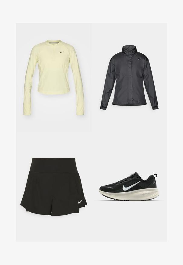 Schwarze Windjacke mit hochgeschlossenem Kragen, durchgehendem Reißverschluss und Nike-Logo auf der Brust; aus glattem, leichtem Material gefertigt.; Nike Performance RUN - Langarmshirt - life lime; Schwarze Sportshorts mit weitem Bund, Falten-Details, geschwungenem Saum und weißem Nike-Logo auf der unteren rechten Seite.; Schwarzer Nike-Laufschuh mit atmungsaktivem Mesh-Obermaterial, weißem Swoosh-Logo, strukturierten Details und einer cremefarbenen ZoomX-Zwischensohle.