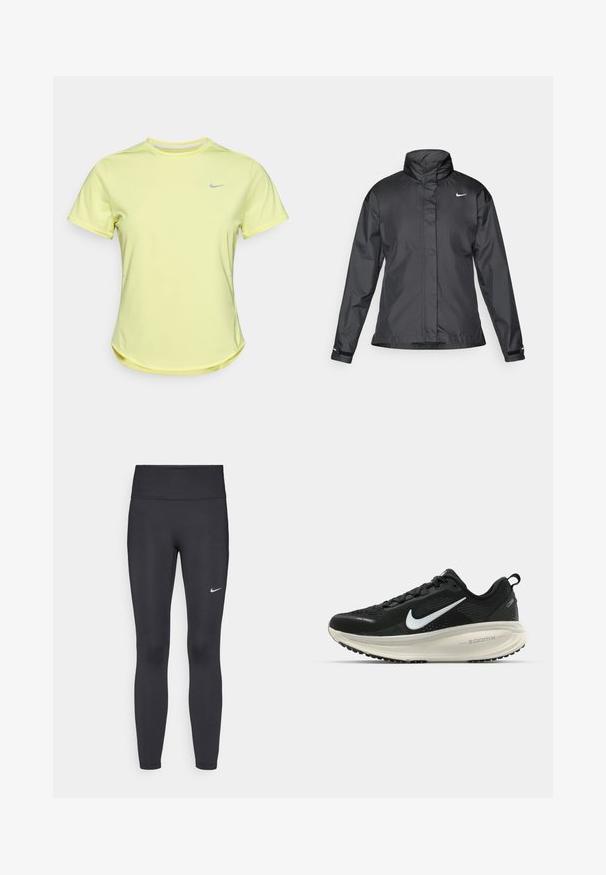 Melnā vēja izturīgā jaka ar augstu apkakli, pilnu rāvējslēdzēju priekšpusē un Nike logo uz krūšu; izgatavota no gludas, vieglas auduma.; Dzeltena sporta krekls ar īsām piedurknēm, izgatavots no mitrumu absorbējoša auduma. Tam ir noapaļots kakla izgriezums un neliels pelēks Nike logotips uz krūšu daļas.; Melnas legingi, izgatavoti no elastīga auduma, ar augstu jostu un baltu Nike logotipu kreisajā augšstilbā. Gluda tekstūra, piegulošs dizains.; Melnas Nike skriešanas kurpes ar elpojošu acs augšdaļu, baltu Swoosh logotipu, strukturētu apdari un krēmkrāsas ZoomX starpsole.
