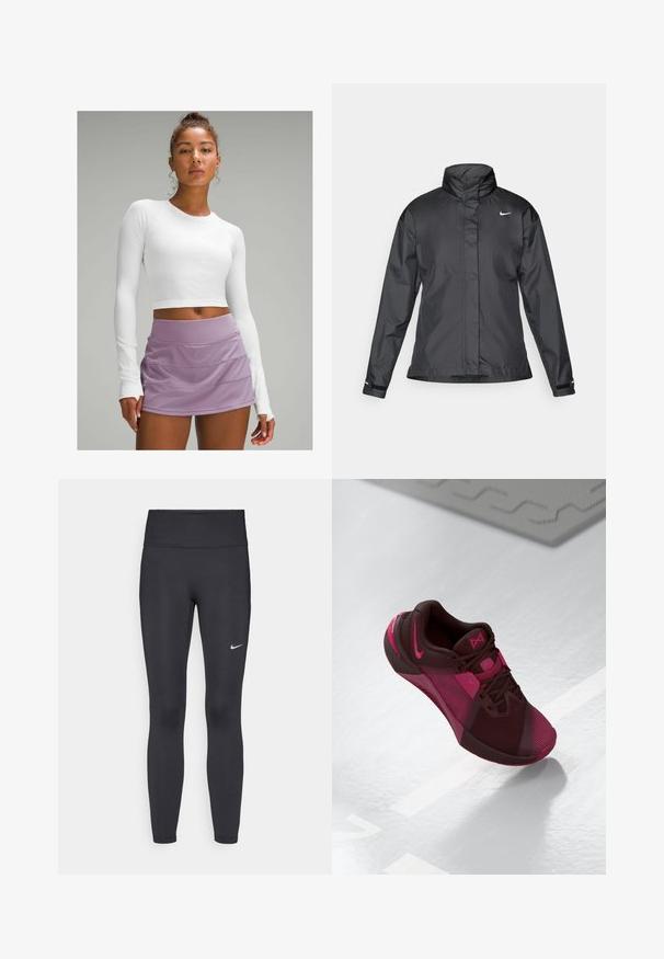 Crna vremenska jakna s visokim ovratnikom, punim zatvaračem sprijeda i Nike logom na grudima; izrađena od glatkog, laganog materijala.; Bijela dugoslojevna crop majica od teksturirane tkanine u kombinaciji s lavandom, višeslojnom sportskom suknjom. Glatki, uski dizajn bez vidljivih uzoraka.; Crne tajice izrađene od rastezljivog materijala, s visokim strukom i bijelim Nike logotipom na lijevom bedru. Glatka tekstura, dizajn koji prati obline.; Tamno bordo sportska obuća s ružičastim akcentima. Sadrži mrežasti gornji dio, zaobljeni vrh i teksturirani potplat. Šnire i logo su jasno istaknuti.
