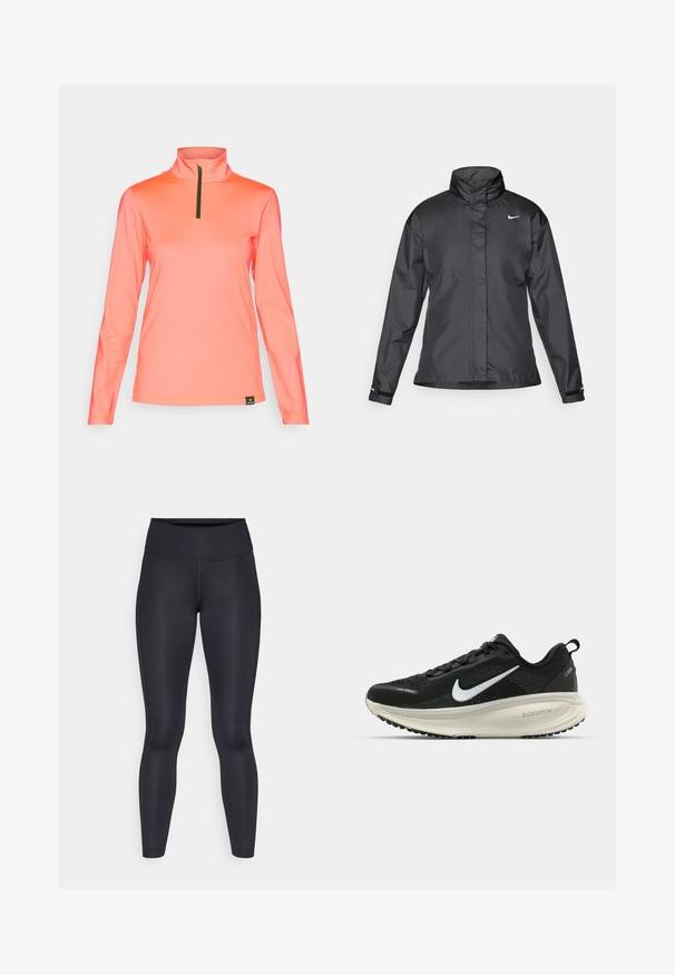 Casaco corta-vento preto com colarinho alto, fecho éclair frontal e logótipo da Nike no peito; feito de um tecido suave e leve.; Bogner Fire + Ice MARGO2 - Camisola de manga comprida - pink; Leggings pretas feitos de um tecido liso e elástico. Cintura alta sem padrões ou detalhes visíveis. Ajustam-se de forma justa da cintura até os tornozelos.; Sapatilha de corrida Nike preta com parte superior de malha respirável, logotipo Swoosh branco, detalhes texturizados e uma entressola ZoomX na cor creme.