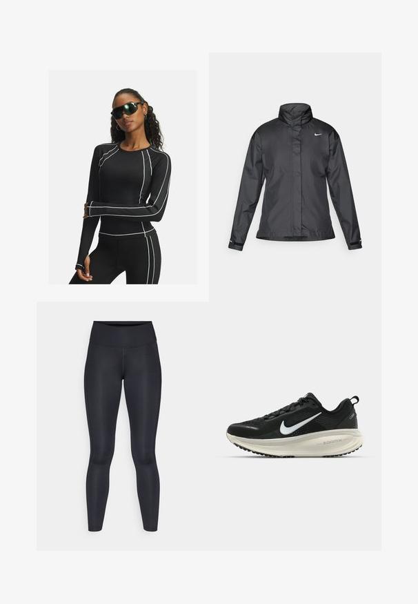 Black windbreaker jacket featuring a high collar, full zip front, and Nike logo on the chest; made of smooth, lightweight fabric.; Black long-sleeve athletic top with white accent seams and mesh panels, paired with black leggings and futuristic black sunglasses.; Black leggings made of smooth, stretchy fabric. High waist with no visible patterns or accents. Fit closely from waist to ankles.; Black Nike running shoe with breathable mesh upper, white swoosh logo, textured detailing, and a cream-colored ZoomX midsole.