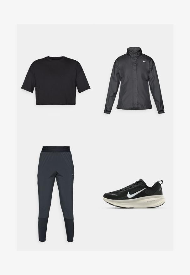 Fekete szélálló dzseki magas gallérral, teljes cipzárral elöl és Nike logóval a mellkason; sima, könnyű anyagból készült.; Fekete rövidított póló puha anyagból, kerek nyakkivágással és rövid, széles ujjakra, egyszerű, varrás nélküli dizájnnal.; Nike sportnadrág sötétszürke színben, szűkített lábakkal, rugalmas derékpánttal és díszítésekkel a szárak közelében.; Fekete Nike futócipő légáteresztő hálós felsőrésszel, fehér Swoosh logóval, textúrázott részletekkel és krém színű ZoomX középtalppal.