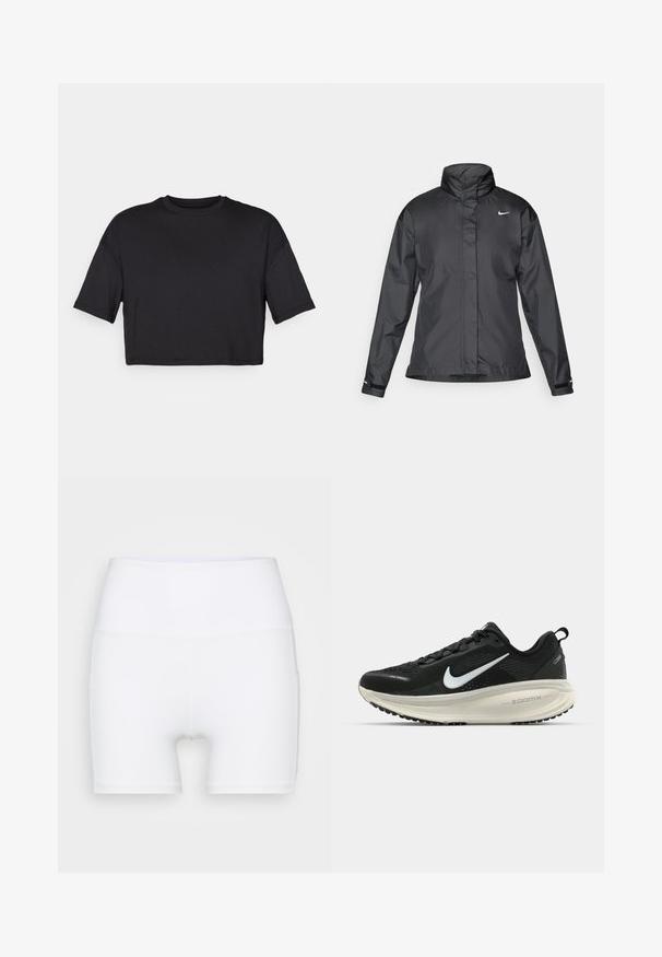Musta tuulitakki, jossa on korkea kaulus, vetoketjullinen etuosa ja Nike-logo rinnassa; valmistettu sileästä ja kevyestä kankaasta.; Musta lyhythihainen crop-top, joka on valmistettu pehmeästä kankaasta. Siinä on pyöreä pääntie ja lyhyet, leveät hihat, sekä yksinkertainen, saumaton muotoilu.; Valkoiset korkeavyötäröiset shortsit, jotka on valmistettu joustavasta kankaasta. Ominaisuuksiin kuuluu sileä pinta ja tiukka muotoilu, ilman lisäkuvioita tai varusteita.; Mustat Nike-juoksukengät, joissa on hengittävä verkko-osa, valkoinen swoosh-logo, teksturoitu yksityiskohtaus ja kermaisen värinen ZoomX-välipohja.