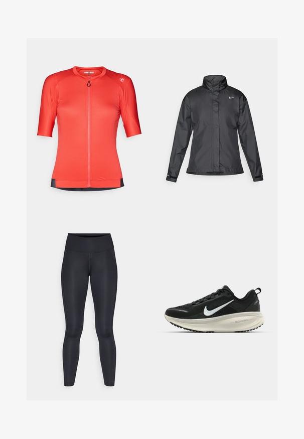 Chaqueta cortavientos negra con cuello alto, cierre frontal de cremallera completa y logo de Nike en el pecho; fabricada con un tejido suave y ligero.; Jersey de ciclismo rojo de manga corta con cremallera frontal, tejido texturizado y dobladillo negro en contraste. Cuenta con un cuello redondo y detalle del logo.; Leggings negros hechos de una tela suave y elástica. Cintura alta sin patrones ni acentos visibles. Se ajustan estrechamente desde la cintura hasta los tobillos.; Zapatilla de running Nike negra con parte superior de malla transpirable, logo Swoosh blanco, detalles texturizados y una entresuela ZoomX de color crema.