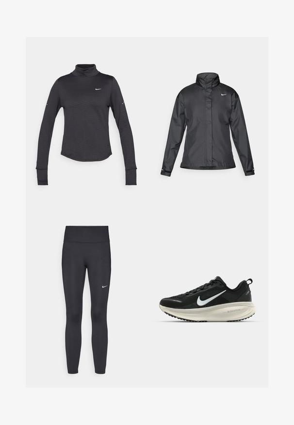 Sort vindjakke med høj krave, fuld lynlås foran og Nike-logo på brystet; lavet af glat, let vævning.; Sort langærmet turtleneck skjorte med et subtilt tekstureret mønster, der har et lille hvidt Nike-logo på brystet og tommelhuller i manchetterne.; Sorte leggings lavet af strækbart stof, med en høj talje og et hvidt Nike-logo på venstre lår. Glat tekstur, tætsiddende design.; Sort Nike løbesko med åndbart mesh-overdel, hvidt swoosh-logo, tekstureret detaljering og en cremede ZoomX mellemsål.