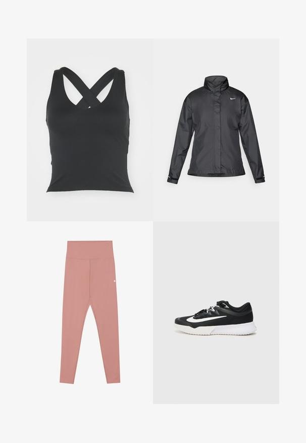 Sort vindjakke med høj krave, fuld lynlås foran og Nike-logo på brystet; lavet af glat, let vævning.; Sort tanktop med rund halsudskæring og krydsede stropper på ryggen. Lavet af glat stof med en tætsiddende silhuet og uden synlige dekorationer.; Høj længde pink leggings lavet af strækbart stof, med en glat tekstur og et lille logo på den nederste side.; Sort atletisk sko med hvide detaljer, der har en tekstureret overdel, rund tå, flade snørebånd og en tyk hvid gummisål.