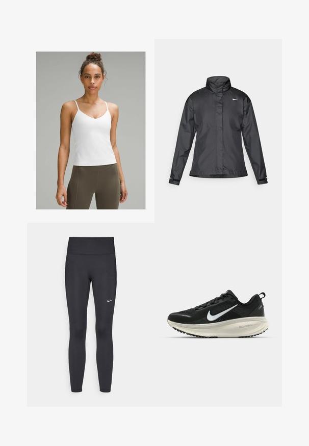Czarna kurtka przeciwwiatrowa z wysokim kołnierzem, pełnym zamkiem z przodu i logo Nike na piersi; wykonana z gładkiego, lekkiego materiału.; Biała bluzka na ramiączkach z cienkimi paseczkami, z dekoltem w kształcie litery V, gładka w dotyku, dopasowana sylwetka, połączona z oliwkowozielonymi legginsami o wysokim stanie.; Czarne legginsy z elastycznego materiału, z wysokim pasem i białym logo Nike na lewym udzie. Gładka tekstura, dopasowany krój.; Czarna biegowa półbut z oddychającej siateczki, białym logo swoosh, teksturowanymi detalami oraz kremową podeszwą środkową ZoomX.