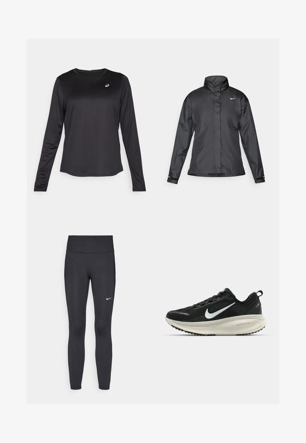 Black windbreaker jacket featuring a high collar, full zip front, and Nike logo on the chest; made of smooth, lightweight fabric.; Black long-sleeve athletic shirt made of lightweight fabric. Features a round neckline and a small logo on the chest. Smooth texture.; Black leggings made of stretchy fabric, featuring a high waistband and a white Nike logo on the left thigh. Smooth texture, form-fitting design.; Black Nike running shoe with breathable mesh upper, white swoosh logo, textured detailing, and a cream-colored ZoomX midsole.