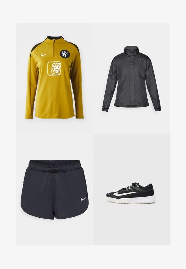 Musta tuulitakki, jossa on korkea kaulus, vetoketjullinen etuosa ja Nike-logo rinnassa; valmistettu sileästä ja kevyestä kankaasta.; Keltainen pitkähihainen urheilu toppi, jossa on neljännesvetoketju, mustat olkaakkentit, leijonasymboli rinnassa ja Nike-logo vasemmassa olkapäässä.; Mustat urheilushortsit, jotka on valmistettu kevyestä ja hengittävästä kankaasta. Sisältää joustavan vyötärönauhan ja valkoisen Nike-logon oikeassa alareunassa.; Musta urheilujalkine, jossa on valkoisia yksityiskohtia, kuvioitu päällinen, pyöreä kärki, litteät nauhat ja paksu valkoinen kumipohja.