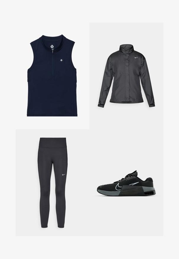 Černý větrový kabát s vysokým límcem, plným zipem vpředu a logem Nike na hrudi; vyrobený z hladké, lehké tkaniny.; Námořnické bezrukávové sportovní tričko vyrobené z elastického materiálu, s předním zipem, zaobleným límcem a malým logem na prsou.; Černé legíny vyrobené z elastického materiálu, s vysokým pasem a bílým logem Nike na levém stehně. Hladká textura, přiléhavý střih.; Černá sportovní bota s síťovaným svrškem, šedými akcenty a texturovanou mezipodešví. Obsahuje výrazné logo a design na šněrování. Gumová podešev pro trakci.