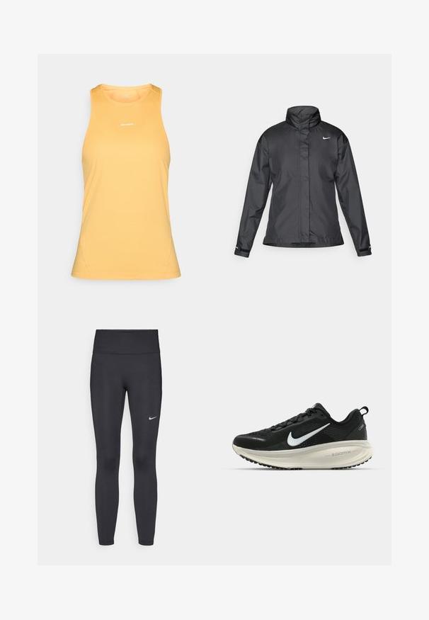Chaqueta cortavientos negra con cuello alto, cierre frontal de cremallera completa y logo de Nike en el pecho; fabricada con un tejido suave y ligero.; Camiseta atlética sin mangas amarilla, hecha de un tejido transpirable, con un escote redondo y un pequeño logo en el frente.; Leggings negras de tela elástica, con una cintura alta y un logo blanco de Nike en el muslo izquierdo. Textura suave, diseño ajustado.; Zapatilla de running Nike negra con parte superior de malla transpirable, logo Swoosh blanco, detalles texturizados y una entresuela ZoomX de color crema.