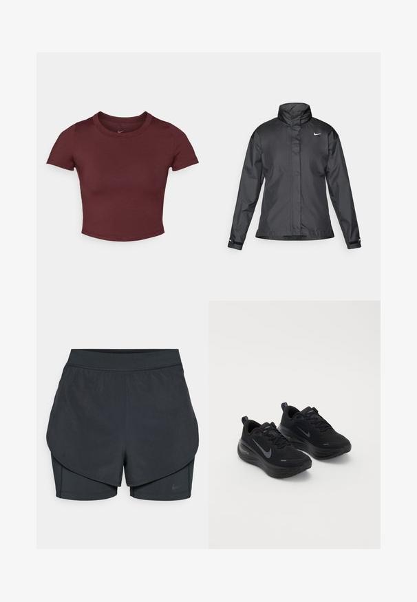 Must mustakate libi, millel on kõrge krae, täispikk tõmblukk ja Nike logo rinnal; valmistatud siledast, kergetest kangast.; Bordeaux värvi lühike t-särk, mis on valmistatud siledast venivast kangast. Omab lühikesi varrukasid ja ümmargust kaelust, rinnal on diskreetne logo.; Mustad musta sportlikud lühikesed püksid kihilise disainiga, millel on sile välimine kiht ja istuvad sisepüksid. Valmistatud kergest, venivast kangast.; Mustad mustat spordijalatsid tekstureeritud pealisega, nööpidega mudel ja paks, pehme tallaga. Igal küljel on hall Nike logo.