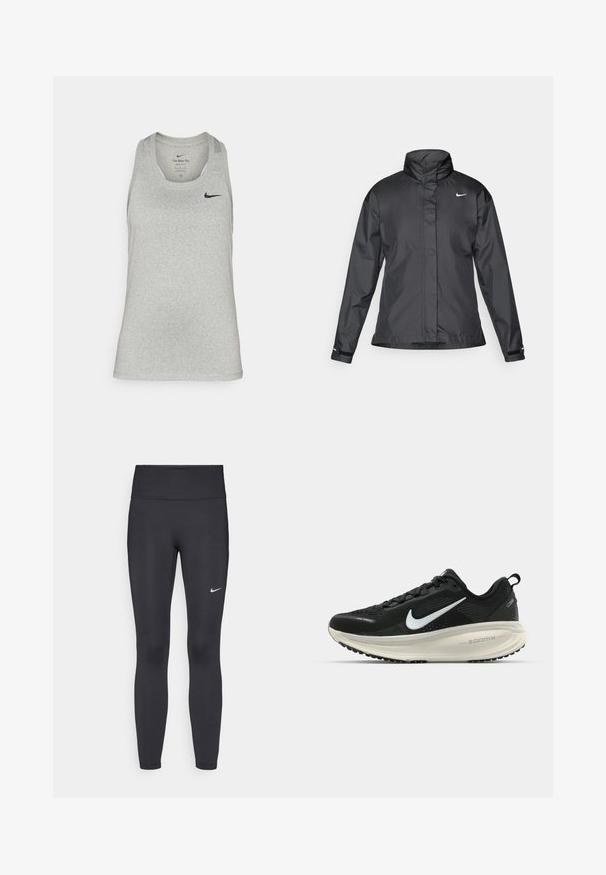 Fekete szélálló dzseki magas gallérral, teljes cipzárral elöl és Nike logóval a mellkason; sima, könnyű anyagból készült.; Világosszürke, ujjatlan sportos trikó, puha anyagból készült, kerek nyakkivágással és egy kis fekete Nike logóval a bal mellrészen.; Fekete leggings elasztikus anyagból, magas derékkal és fehér Nike logóval a bal combon. Simább textúra, testhez álló kialakítás.; Fekete Nike futócipő légáteresztő hálós felsőrésszel, fehér Swoosh logóval, textúrázott részletekkel és krém színű ZoomX középtalppal.