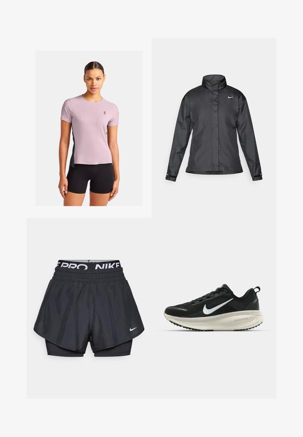 Czarna kurtka przeciwwiatrowa z wysokim kołnierzem, pełnym zamkiem z przodu i logo Nike na piersi; wykonana z gładkiego, lekkiego materiału.; On - Koszulka sportowa; Czarne szorty sportowe o warstwowej konstrukcji, z oddychającą zewnętrzną warstwą, elastycznym pasem z logo i małym znakiem z przodu.; Czarna biegowa półbut z oddychającej siateczki, białym logo swoosh, teksturowanymi detalami oraz kremową podeszwą środkową ZoomX.