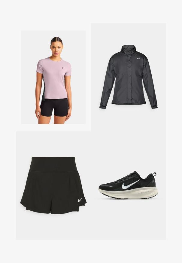 Chaqueta cortavientos negra con cuello alto, cierre frontal de cremallera completa y logo de Nike en el pecho; fabricada con un tejido suave y ligero.; On PERFORMANCE - Camiseta deportiva - mauve lead; Shorts deportivos negros con una cintura ancha, detalles plisados, dobladillo curvado y el logo de Nike en blanco en la parte inferior derecha.; Zapatilla de running Nike negra con parte superior de malla transpirable, logo Swoosh blanco, detalles texturizados y una entresuela ZoomX de color crema.