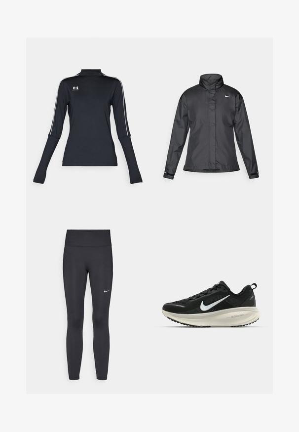 Črna vetrovka z višjim ovratnikom, popolnim zadrgo spredaj in logotipom Nike na prsih; izdelana iz gladkega, lahkega materiala.; Črn dolgi športni top z visokim ovratnikom, ki ima bele stranske črte in majhen logotip na zgornjem levem prsnem delu. Mehek, raztegljiv material.; Črne legice iz elastične tkanine, z visokim pasom in belim Nike logo na levem stegnu. Gladka tekstura, oblikovno prilegajoč dizajn.; Črne Nike tekaške čevlje z zračno mrežno zgornjim delom, belim logotipom Swoosh, teksturiranimi detajli in smetanasto barvnim srednjim delom ZoomX.