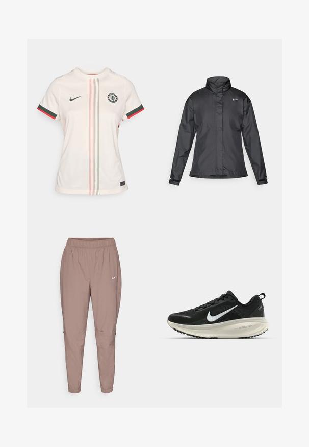 Must mustakate libi, millel on kõrge krae, täispikk tõmblukk ja Nike logo rinnal; valmistatud siledast, kergetest kangast.; Heled kreem värviga jalgpallijersey, millel on ümar kaelus, lühikesed varrukad, Chelsea FC logo, rohelised ja punased aksenttriibud ning vertikaalsed mustrid.; Heled pruunid kitsa jalgehaaluga sportpüksid elastse vöökoha ja väikese valge Nike logoemblemiga. Sile tekstuur, nähtavaid mustreid või metallosade pole.; Musthave mustus Nike jooksujalats, millel on hingav võrgust ülemine osa, valge swoosh logo, tekstuuriga detailid ja kreemja värvusega ZoomX vahevöö.