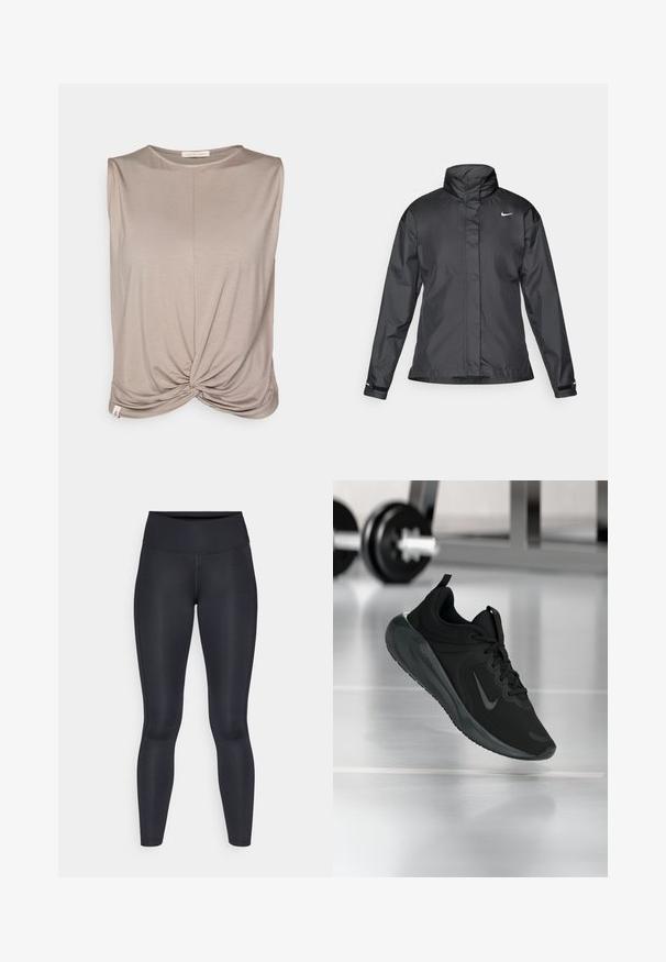Melnā vēja izturīgā jaka ar augstu apkakli, pilnu rāvējslēdzēju priekšpusē un Nike logo uz krūšu; izgatavota no gludas, vieglas auduma.; Yogasearcher TWISTED - Tops - cacao; Melnas legingi, izgatavoti no gludas, elastīgas auduma. Augsts jostasvieta bez redzamām rakstiem vai akcentiem. Cieši pieguļ no jostas līdz potītēm.; Melnas sporta kedas ar Nike logo, rādot gaisā uz sporta zāles grīdas, ar izplūdušu hantelēm fona.