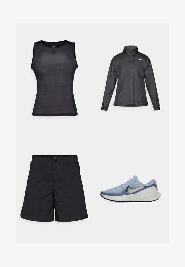 Giacca a vento nera con colletto alto, chiusura full zip e logo Nike sul petto; realizzata in tessuto leggero e liscio.; Top performance senza maniche nero realizzato in tessuto a rete testurizzato. Presenta un colletto rotondo, una vestibilità aderente e dettagli di cucitura minimi.; Pantaloni corti neri realizzati in tessuto leggero, con chiusura a bottone e due tasche laterali. Design semplice con linee pulite e minimalismo nei dettagli.; Scarpa da corsa Nike azzurra e bianca con lo swoosh argento, upper in mesh traspirante, suola ammortizzata e battistrada nero.