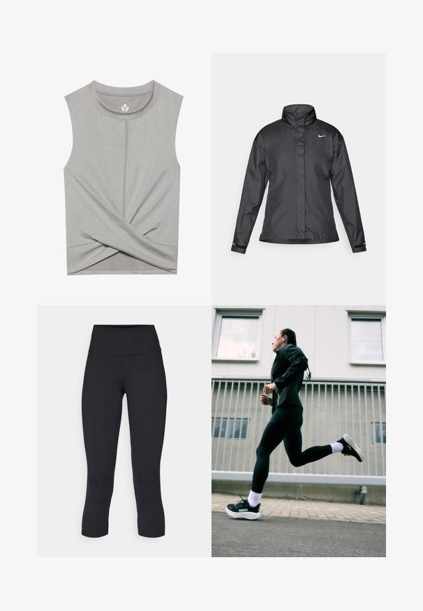 Juoda vėjui atspari striukė su aukštu apykakle, visišku užtrauktuku priekyje ir Nike logotipu krūtinėje; pagaminta iš lygaus, lengvo audinio.; Pilkas be rankovių viršus su apvaliu iškirpimu, kuris turi posūkių dizainą priekyje ir plokščias siūles komfortui. Minkšta, elastinga medžiaga.; Juodos apkarpytos legginsai, pagaminti iš tamprios medžiagos, su aukšta juosmens linija ir glotnia tekstūra, be matomų raštų ar detalių.; Juodas sportinis švarkas su neoninėmis detalėmis, juodos leginsai ir juodi bėgimo batai su baltais padais, prieš šviesiai pilką foną.