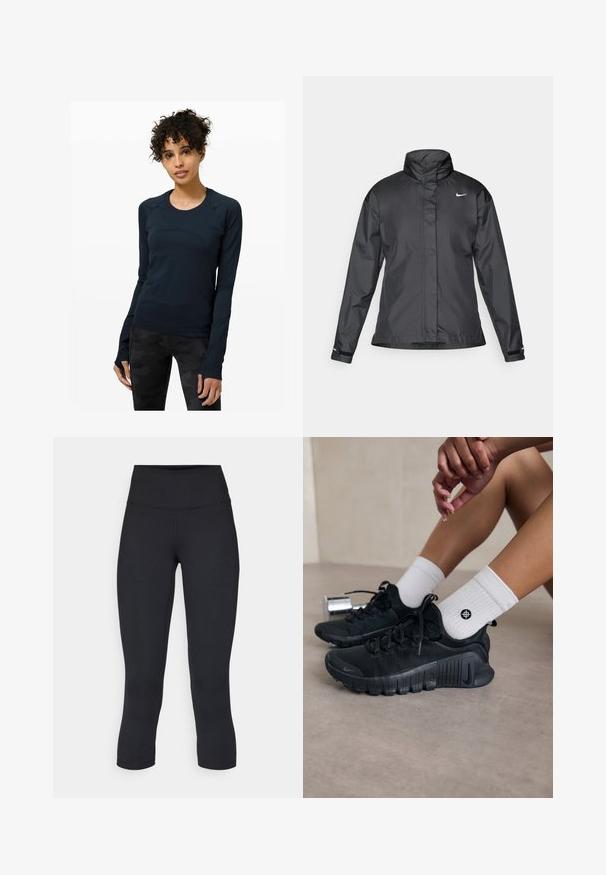 Sort vindjakke med høj krave, fuld lynlås foran og Nike-logo på brystet; lavet af glat, let vævning.; Mørkeblå langærmet atletisk top med rund halsudskæring, der har raglanærmer og tommelhuller. Glat stof med et tætsiddende design.; Sorte cropped leggings lavet af stretchy materiale, med en høj talje og blød tekstur, uden synlige mønstre eller hardware.; Sorte træningssko med struktureret stof, snørebåndsdesign og en markant sål, parret med hvide ribbede sokker med et lille logo.