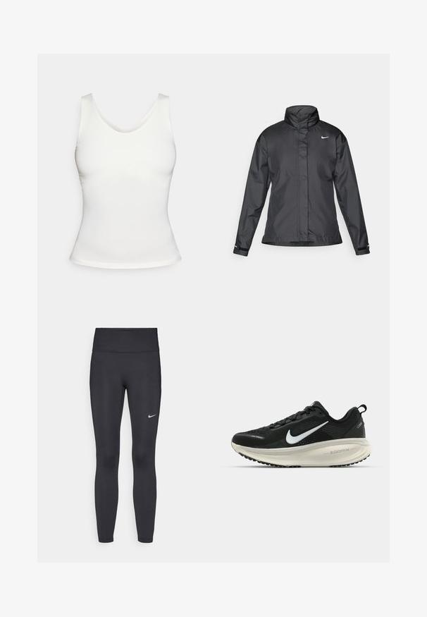 Jachetă neagră tip windbreaker cu guler înalt, fermoar înaintat și logo Nike pe piept; fabricată dintr-un material neted și ușor.; Top fără mâneci, alb, cu un guler adânc, pe un fundal alb simplu.; Leggings negre dintr-un material elastic, având talie înaltă și un logo alb Nike pe coapsa stângă. Textură netedă, design care se conturează pe corp.; Pantofii de alergare negri de la Nike, cu parte superioară din plasă respirabilă, logo-ul alb Swoosh, detalii texturate și o talpă intermediară ZoomX de culoare crem.