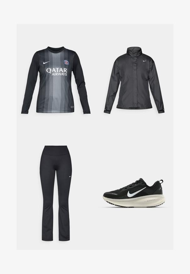 Černý větrový kabát s vysokým límcem, plným zipem vpředu a logem Nike na hrudi; vyrobený z hladké, lehké tkaniny.; Dlouhý rukáv fotbalového dresu v černé a šedé barvě s vertikálními pruhy, obsahující kulatý výstřih, logo Nike a branding Qatar Airways.; Černé sportovní legíny s vysokým pasem, vyrobené z hladké, elastické tkaniny. Na levém stehně je malý bílý logo Nike.; Černá běžecká obuv Nike s prodyšným síťovaným svrškem, bílým logem swoosh, texturovanými detaily a krémovou mezipodešví ZoomX.