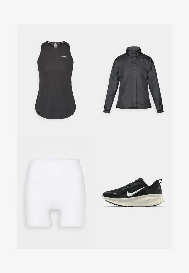 Svarte vindjakke med høy krage, full glidelås foran og Nike-logo på brystet; laget av glatt, lett materiale.; Svart atletisk tank topp laget av myk stoff, med rund hals og lav rygg. "STRONGER" logo i hvitt på fronten.; Hvite høyt midjeforfatne shorts laget av stretch-stoff. Har en jevn tekstur og en tettsittende design, uten ekstra mønstre eller utstyr.; Svart Nike løpesko med pustende mesh-overdel, hvit swoosh-logo, teksturert detaljer og en kremfarget ZoomX mellomsåle.