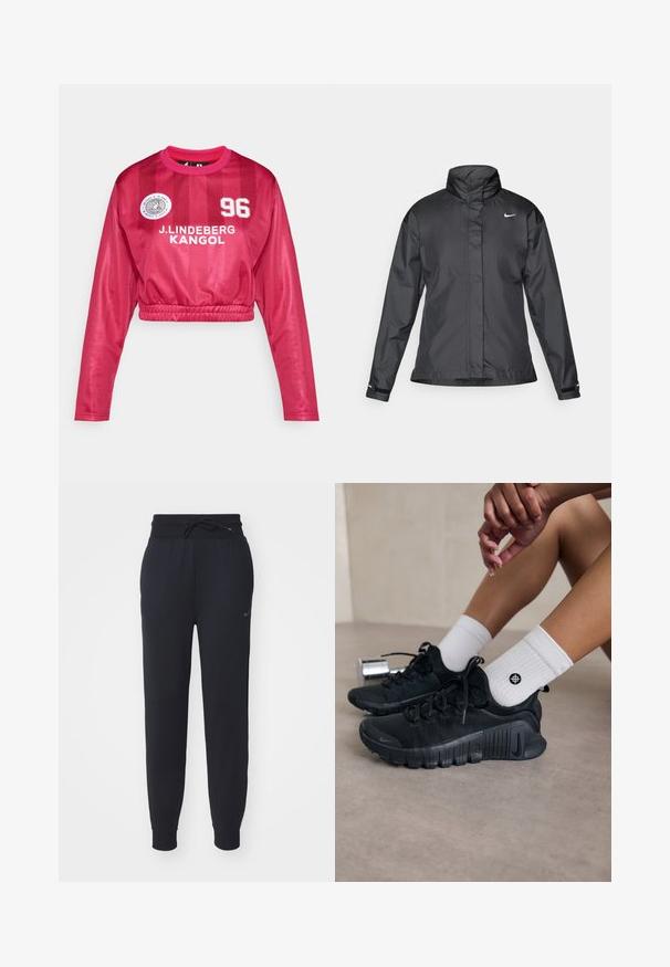 Čierna vetrovka s vysokým golierom, plným zipsom na prednej strane a logom Nike na hrudi; vyrobená z hladkej, ľahkej tkaniny.; Zastrihnutá dlhá rukávová džersejová košeľa v žiarivo ružovej farbe s lesklým povrchom, obsahujúca potlač "J. LINDEBERG KANGOL" a číselný potlač, elastický lem a športový dizajn.; Čierne teplákové nohavice vyrobené z mäkkej tkaniny, ktoré majú elastický pás s šnúrkou, bočné vrecká a jemné logo na ľavom stehne.; Čierne športové topánky s textúrovanou látkou, šnurovací dizajn a výrazná podrážka, doplnené o biele rebrované ponožky s malým logom.