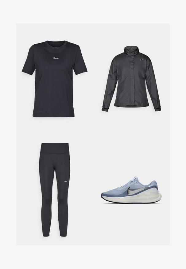 Crna vremenska jakna s visokim ovratnikom, punim zatvaračem sprijeda i Nike logom na grudima; izrađena od glatkog, laganog materijala.; Crna majica s kratkim rukavima od pamuka, koja ima okrugli izrez i bijeli izvezeni logo "Rapha." na prsima. Glatka tekstura.; Crne tajice izrađene od rastezljivog materijala, s visokim strukom i bijelim Nike logotipom na lijevom bedru. Glatka tekstura, dizajn koji prati obline.; Svijetloplave i bijele Nike tenisice za trčanje sa srebrnim swoosh logotipom, prozračnim mrežastim gornjištem, udobnim potplatom i crnim uzorkom na potplatu.