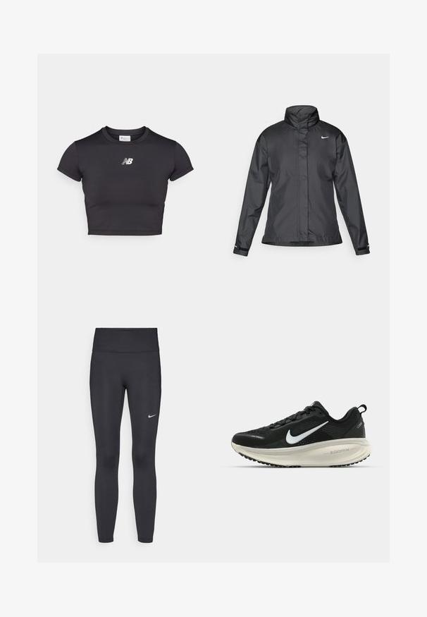 Casaco corta-vento preto com colarinho alto, fecho éclair frontal e logótipo da Nike no peito; feito de um tecido suave e leve.; T-shirt atlético preto, cropped, com mangas curtas, feito de tecido elástico. Apresenta um logótipo branco na frente, decote redondo e um design justo.; Leggings pretos feitos de tecido elástico, com uma cintura alta e um logo branco da Nike na coxa esquerda. Textura suave, design ajustado ao corpo.; Sapatilha de corrida Nike preta com parte superior de malha respirável, logotipo Swoosh branco, detalhes texturizados e uma entressola ZoomX na cor creme.